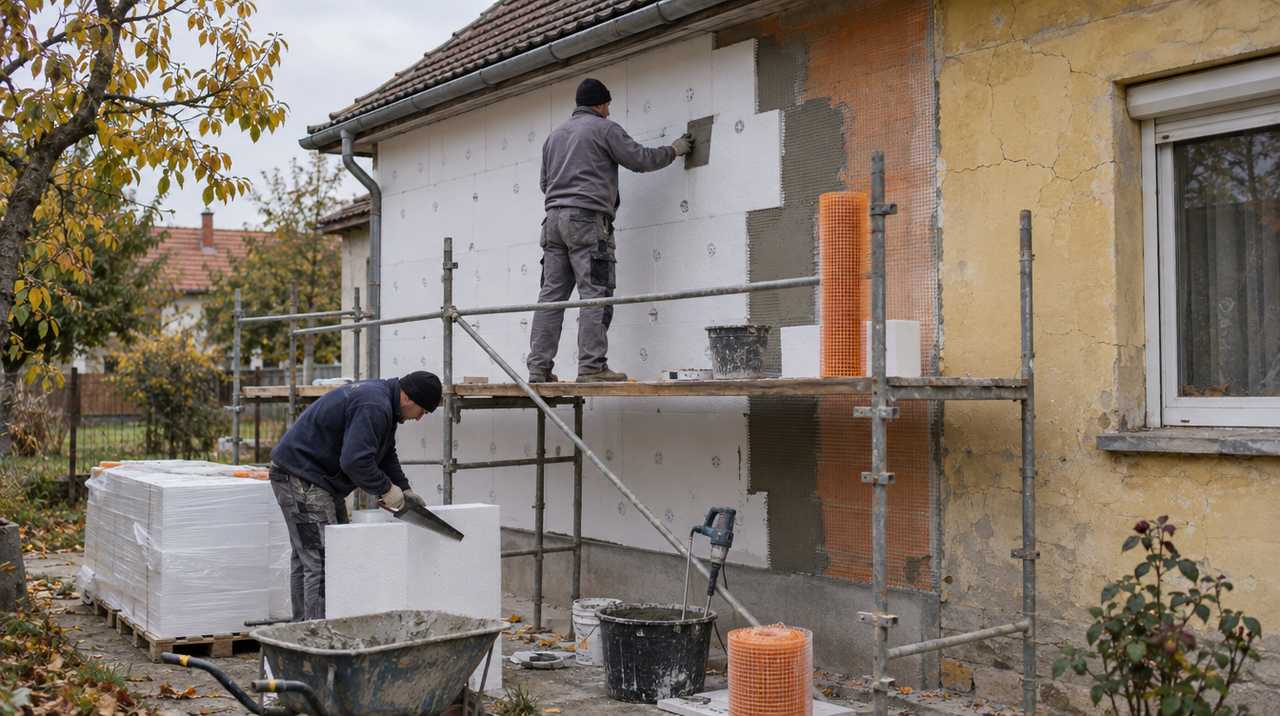 Homlokzati hőszigetelés készül állványról egy régi családi házon