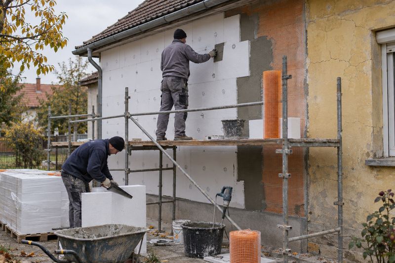 Homlokzati hőszigetelés készül állványról egy régi családi házon
